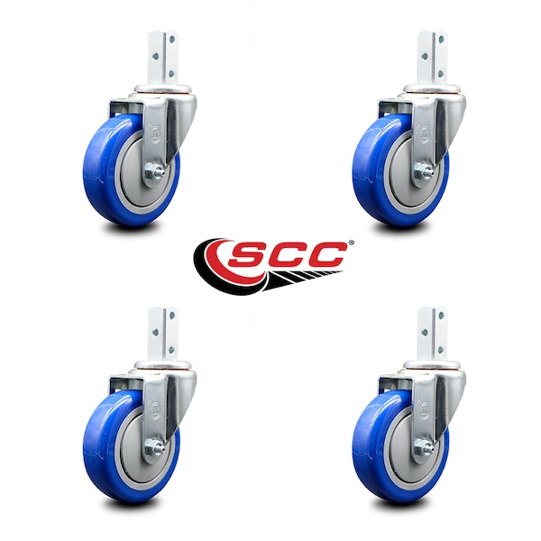 4 Inch Blue Polyurethane Wheel Swivel 7/8 Inch Square Stem Caster Set SCC